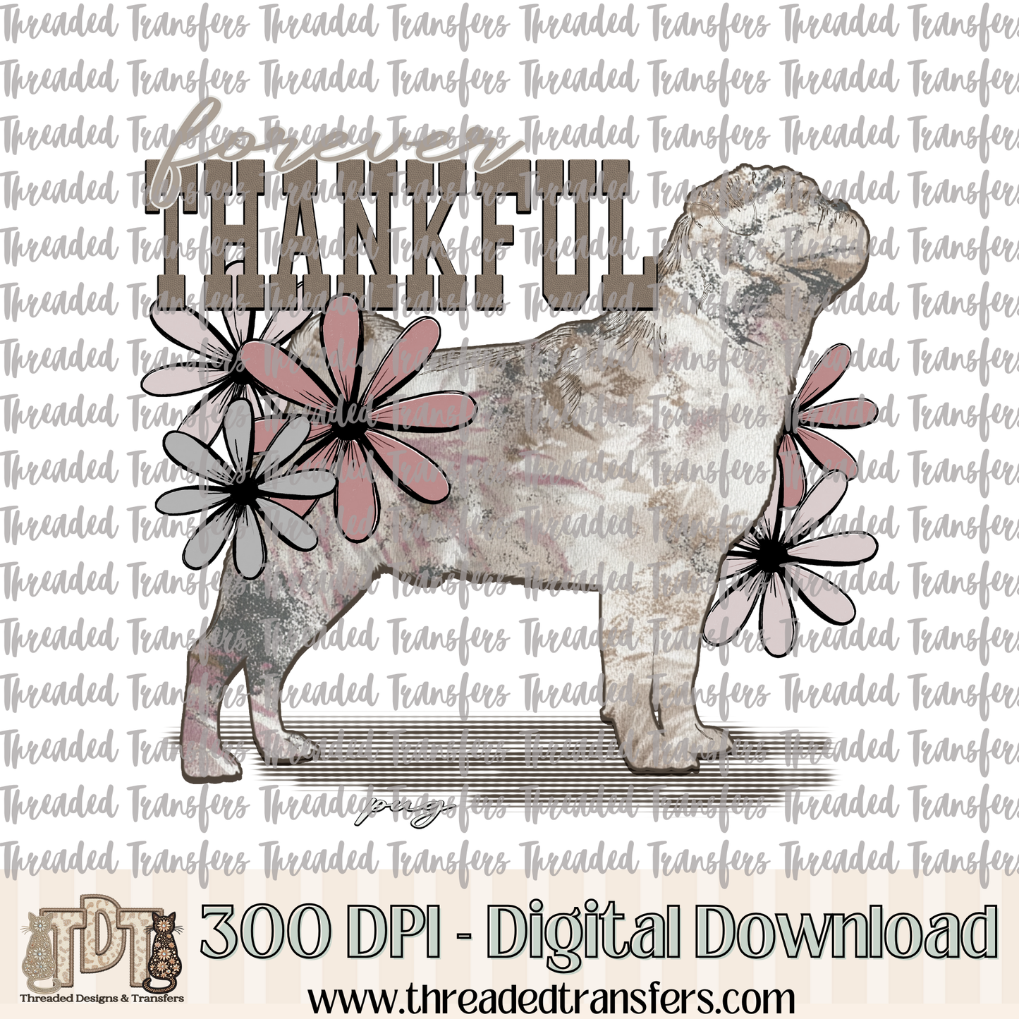 Forever Thankful Pug Digital Design Download (PNG Format - no product shipped)