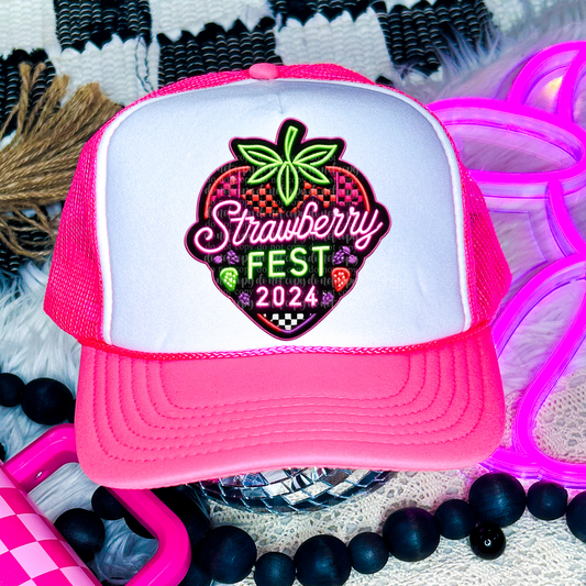 Strawberry Fest 2 Faux Embroidery Hat Neon/Black Light Reactive Ink (matches shirt) DTF Transfer