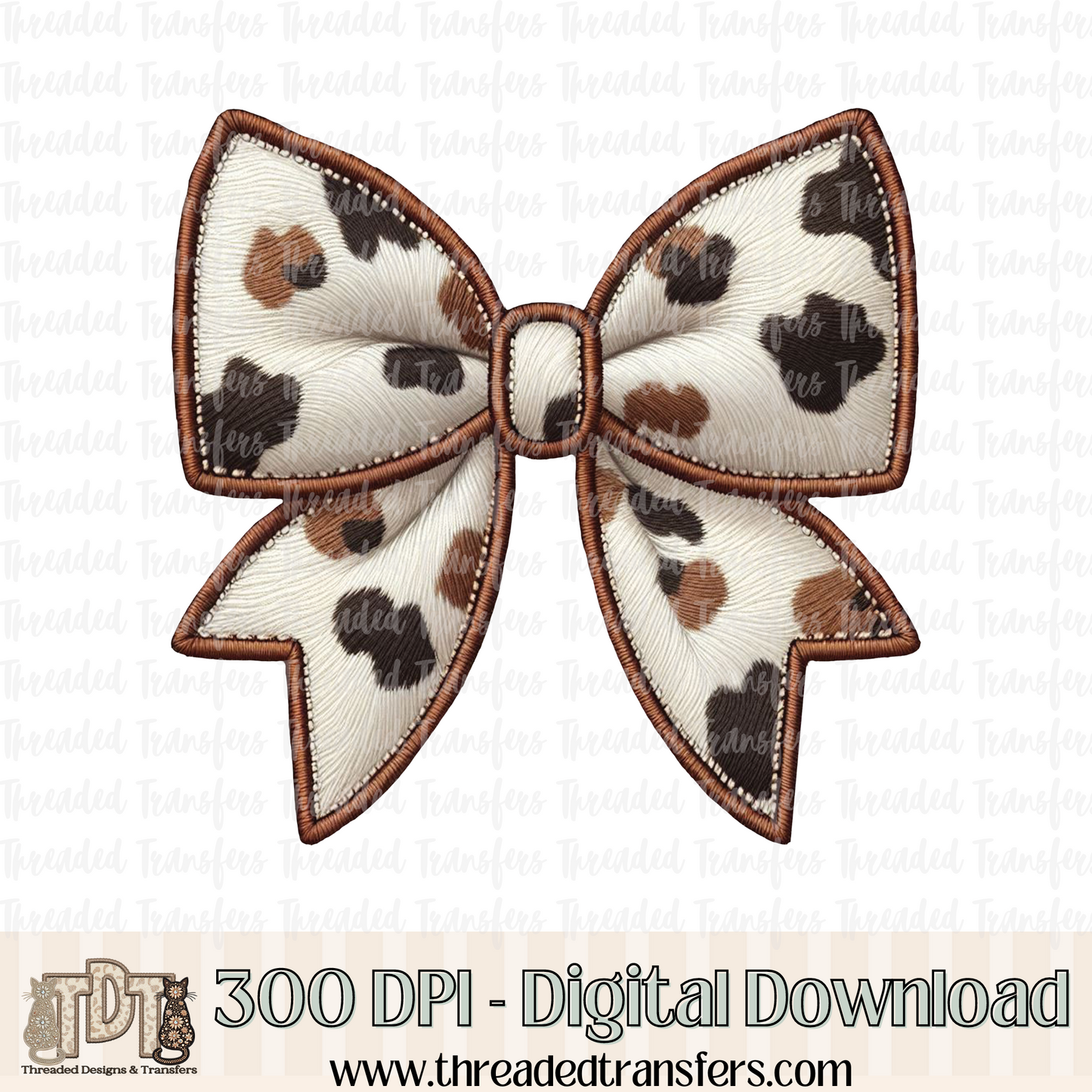 Cow Print Coquette Bow Faux Embroidery Digital Design Download (PNG Format - no product shipped)