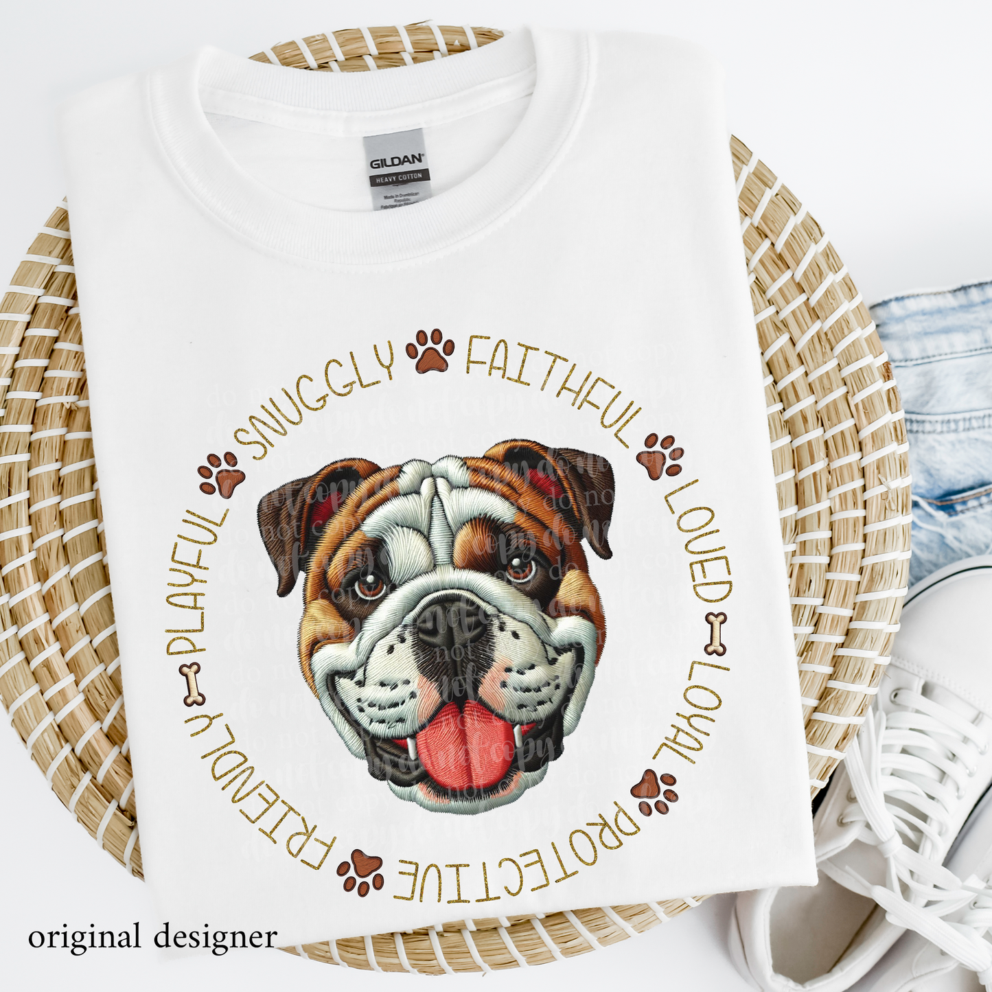 American Bulldog Pet Traits Faux Embroidery & Faux Sparkle DTF Transfer