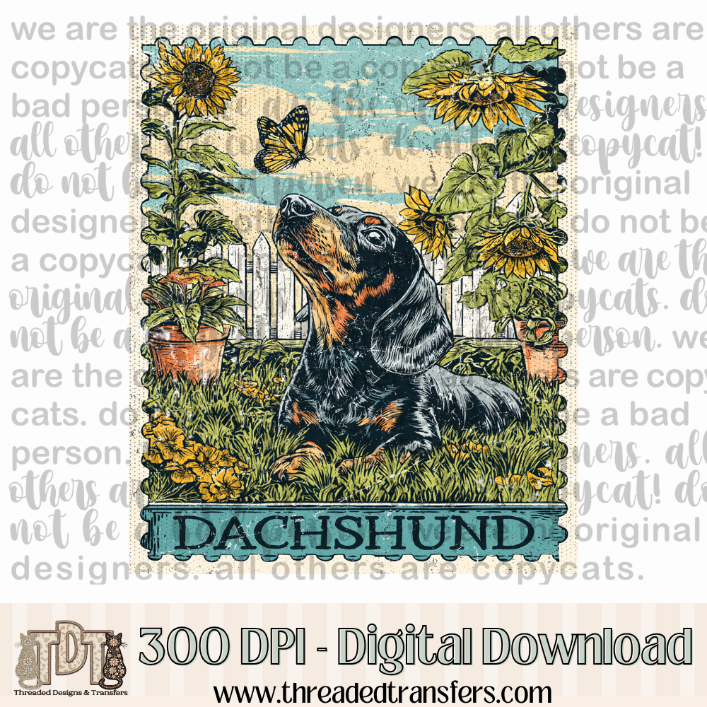 Dachshund Short Haired Vintage Stamp Digital Design Download (PNG Format - no product shipped)