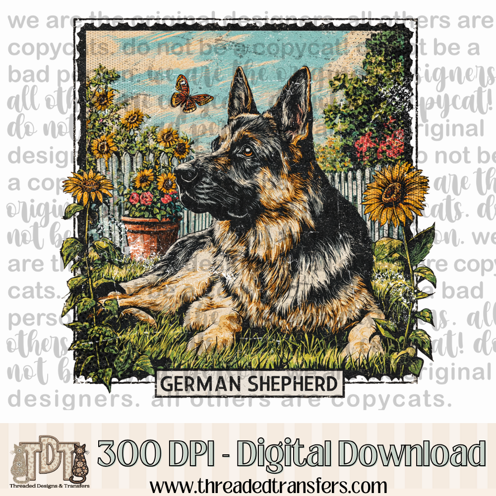 German Shepherd Vintage Stamp Digital Design Download (PNG Format - no product shipped)