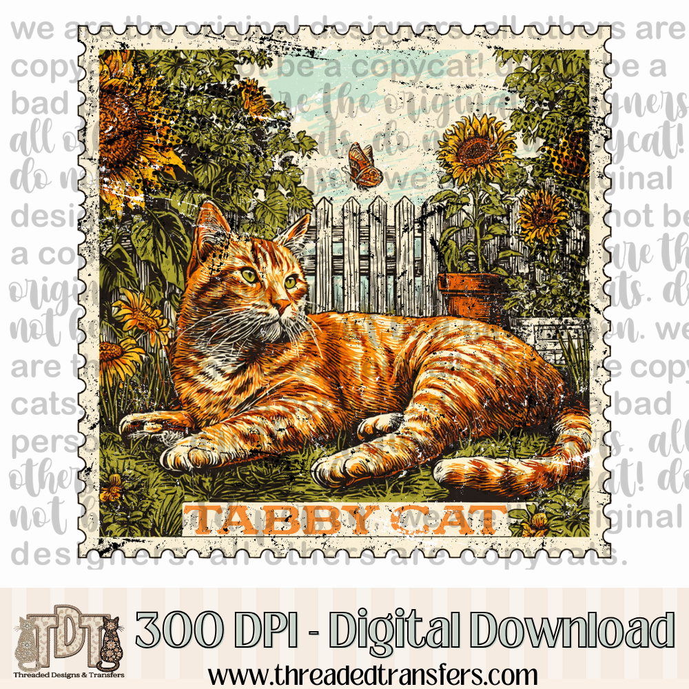 Orange Tabby Cat Vintage Stamp Digital Design Download (PNG Format - no product shipped)