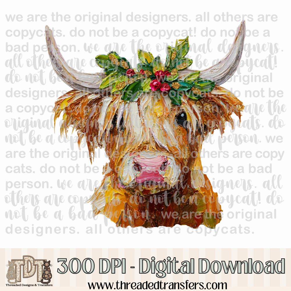 Christmas Highland Cow Hand Painted Digital Design Download (PNG Format - no product shipped)