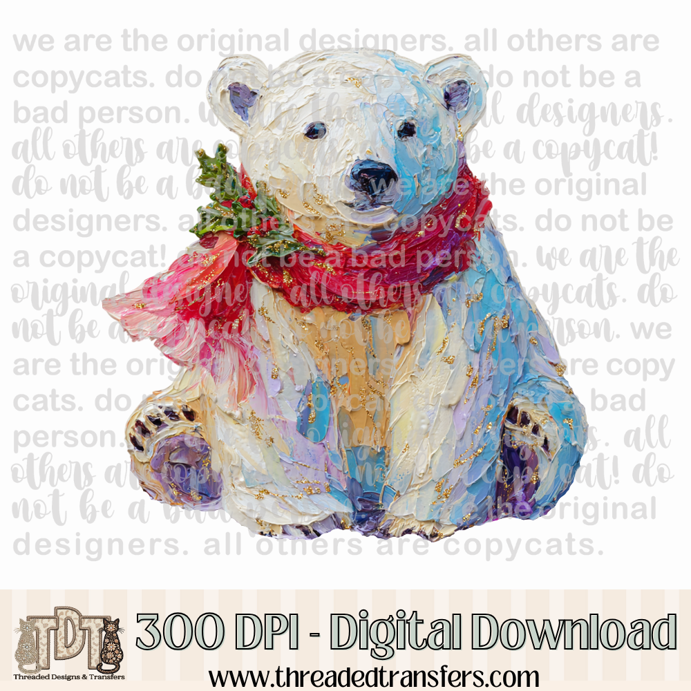 Christmas Polar Bear Hand Painted Digital Design Download (PNG Format - no product shipped)
