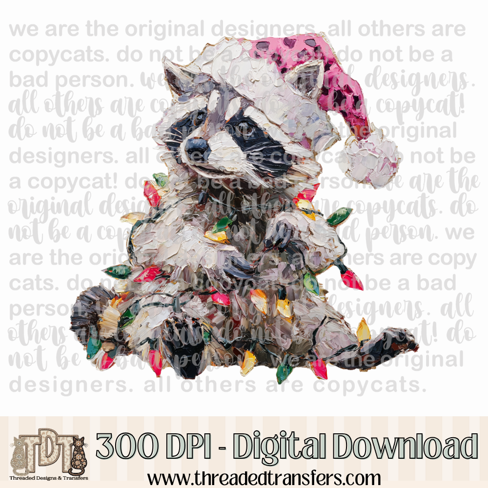 Christmas Feral Raccoon Hand Painted Digital Design Download (PNG Format - no product shipped)