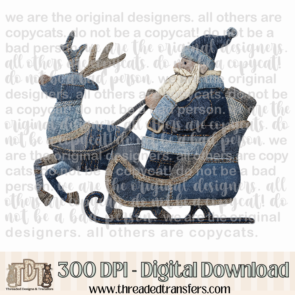 Santa Reindeer Sleigh Denim Patchwork Digital Design Download (PNG Format - no product shipped)