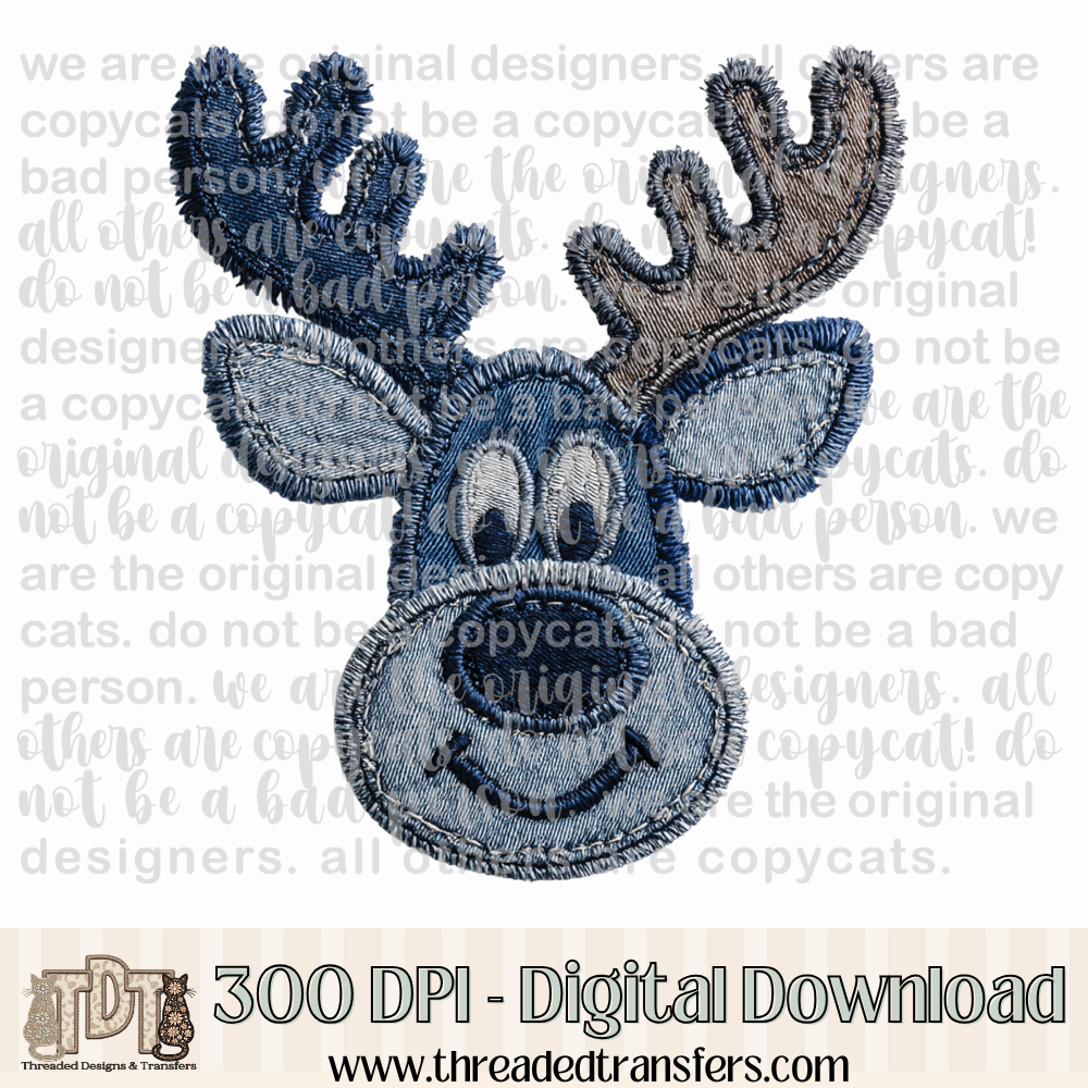 Cute Reindeer Denim Patchwork Digital Design Download (PNG Format - no product shipped)