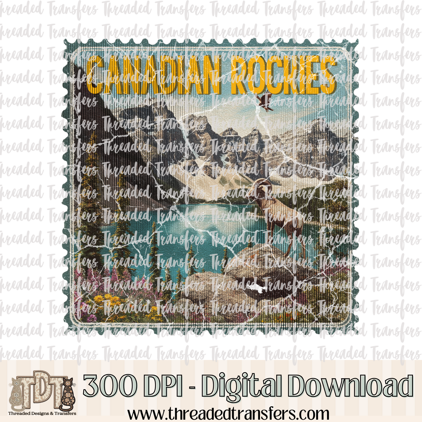 Vintage Canadian Rockies Stamp Digital Design Download (PNG Format - no product shipped)