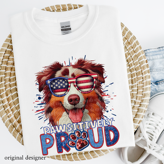 Australian Shepherd (red merle) Pawsitively Proud **EXCLUSIVE** Faux Embroidery, Chenille, & Sparkle DTF & Sublimation Transfer