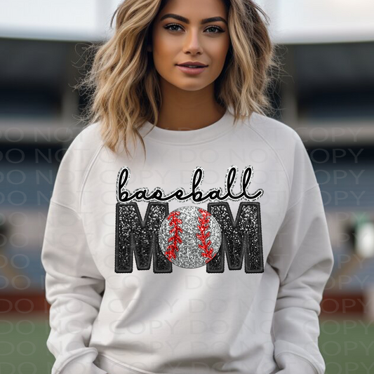 Baseball Mom Faux Embroidery and Sparkles DTF & Sublimation Transfer