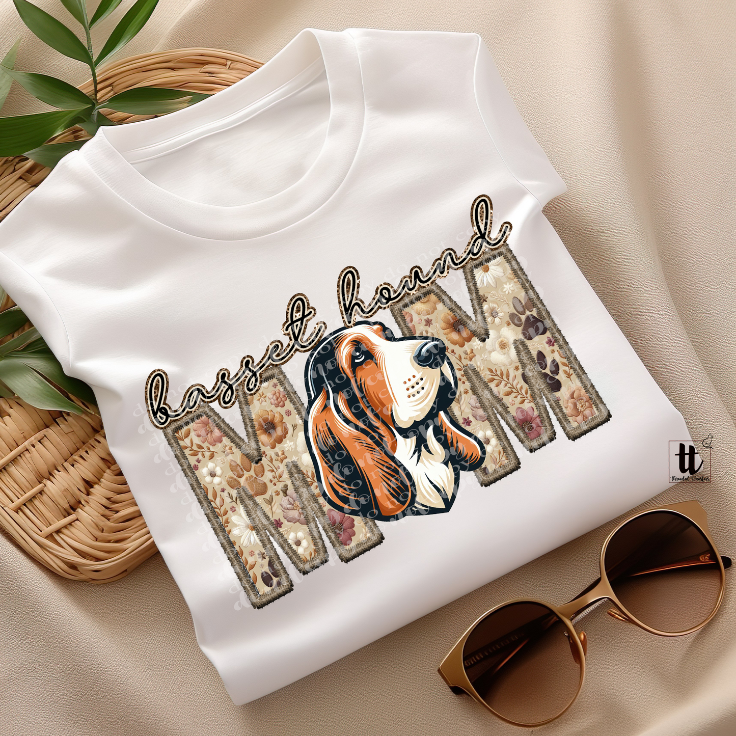 Basset Hound Mom Faux Embroidery & Faux Sparkle DTF Transfer