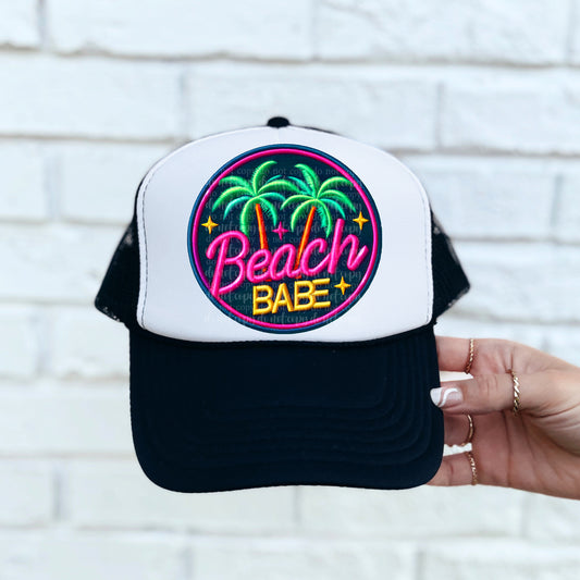Beach Babe Embroidery Hat Neon/Black Light Reactive Ink DTF Transfer