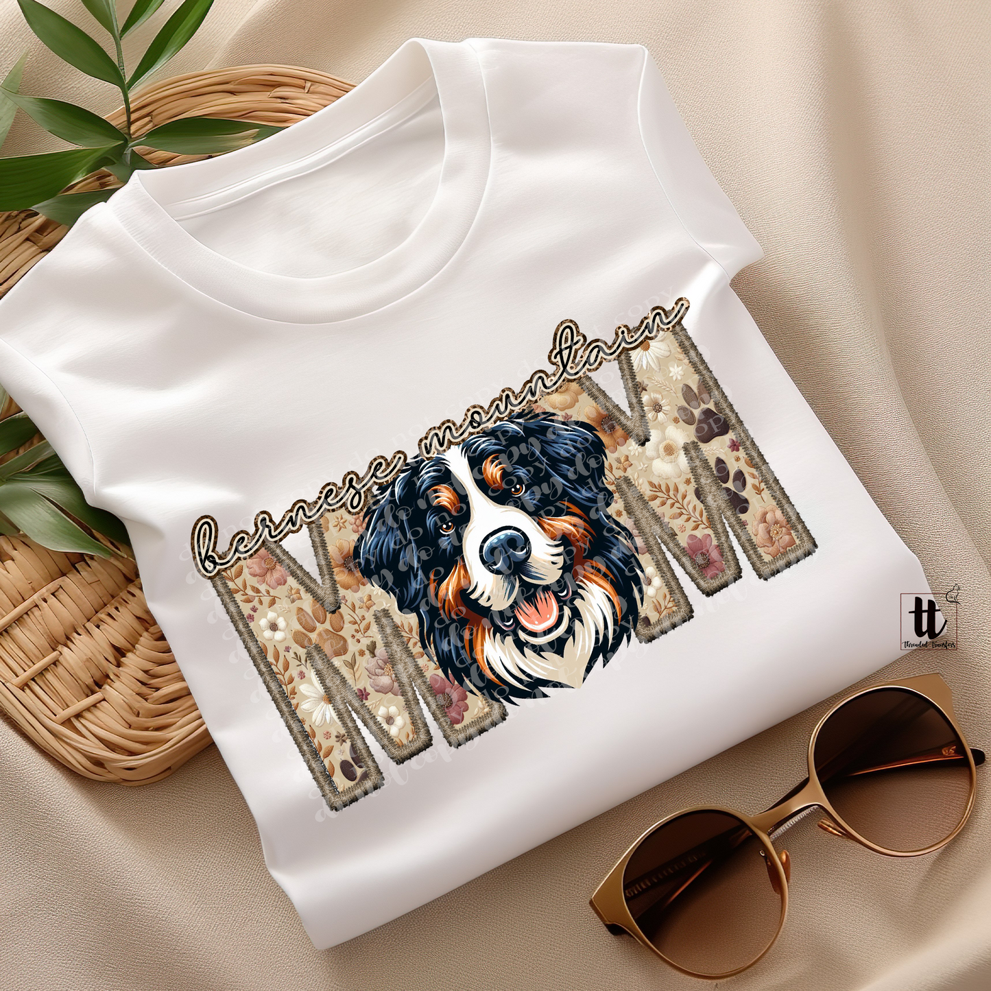 Bernese Mountain Mom Faux Embroidery & Faux Sparkle DTF Transfer