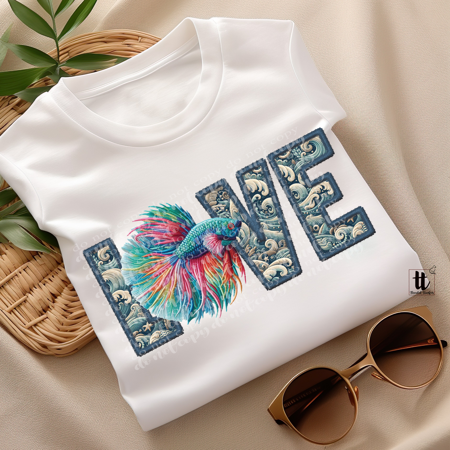 Beta Fish Love Faux Embroidery DTF Transfer