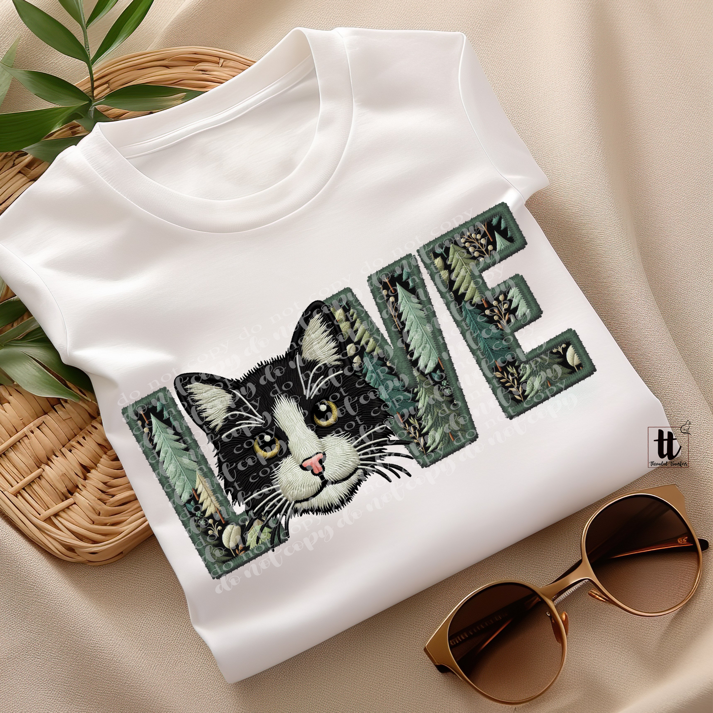 Black and White Cat Love Faux Embroidery DTF Transfer