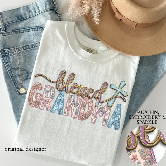 Blessed Grandma **EXCLUSIVE** Faux Pin, Embroidery & Sparkle DTF & Sublimation Transfer
