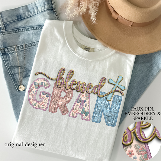 Blessed Gran **EXCLUSIVE** Faux Pin, Embroidery & Sparkle DTF & Sublimation Transfer
