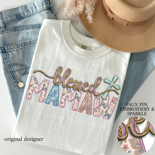Blessed Mamaw **EXCLUSIVE** Faux Pin, Embroidery & Sparkle DTF & Sublimation Transfer