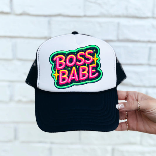 Boss Babe Faux Embroidery Hat Neon/Black Light Reactive Ink DTF Transfer
