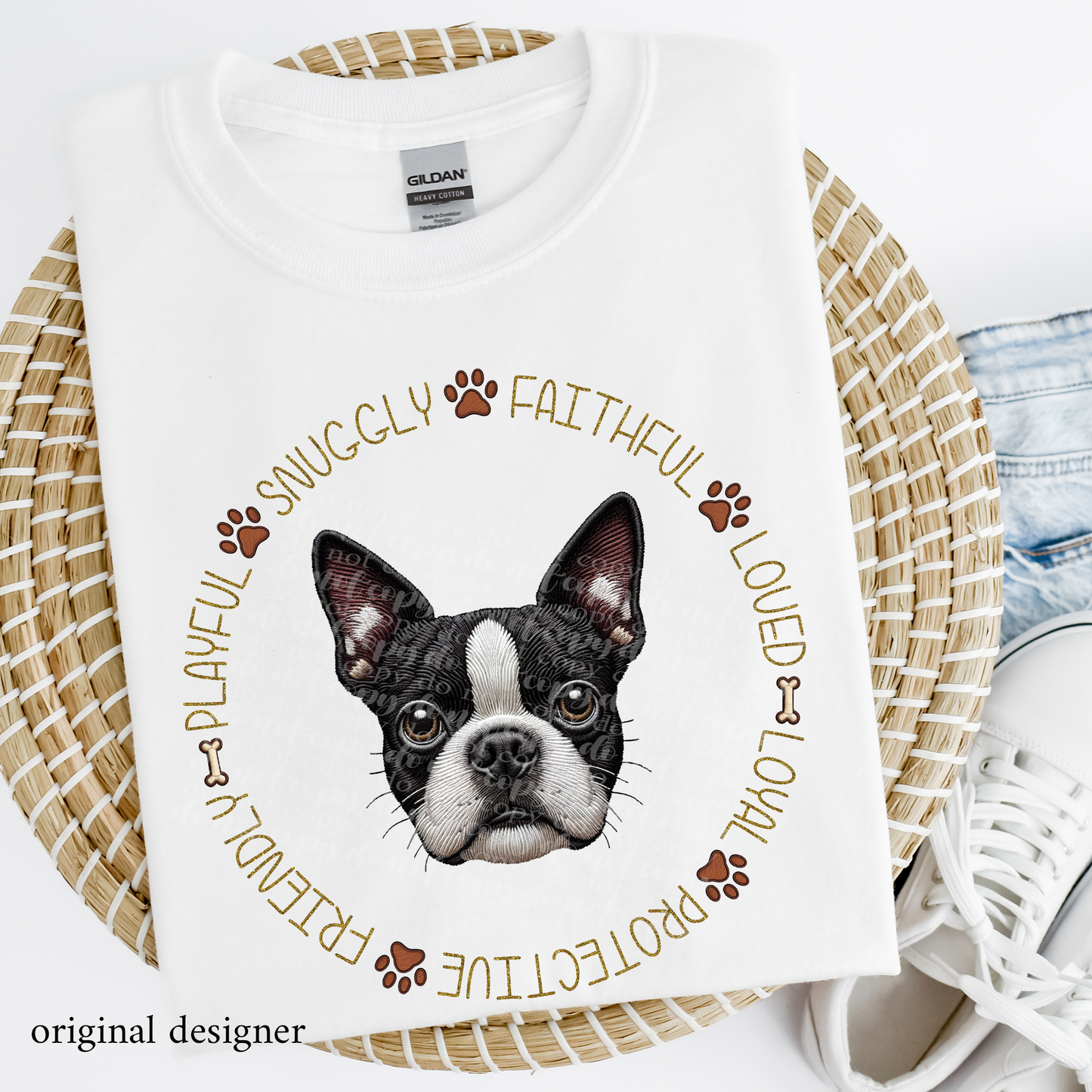 Boston Terrier Pet Traits Faux Embroidery & Faux Sparkle DTF Transfer