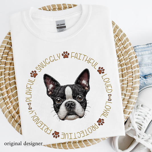 Boston Terrier Pet Traits **EXCLUSIVE** Faux Embroidery & Faux Sparkle DTF & Sublimation Transfer