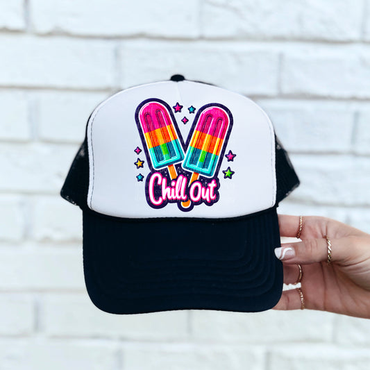Chill Out Faux Embroidery Hat Neon/Black Light Reactive Ink DTF Transfer