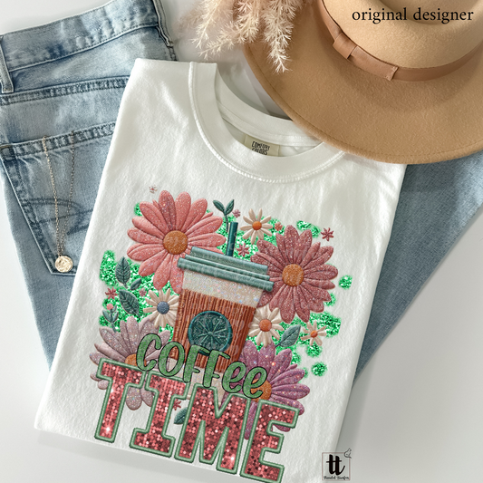 Coffee Time Faux Embroidery DTF & Sparkle **EXCLUSIVE** Sublimation Transfer