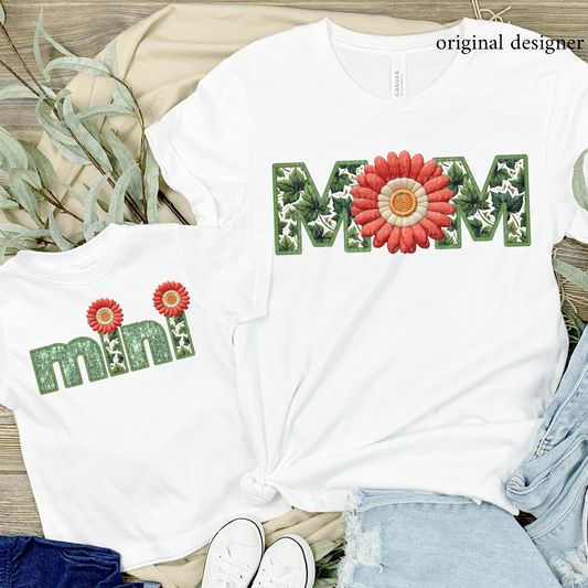 Coral Gerber Daisy Mom/Mini (choose from menu) **EXCLUSIVE** Faux Embroidery, Chenille, & Sparkles DTF & Sublimation Transfer