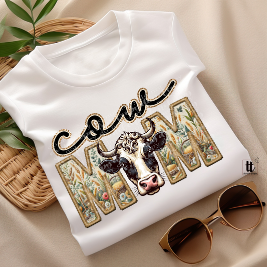 Cow Mom **EXCLUSIVE** Faux Embroidery & Faux Sparkle DTF & Sublimation Transfer