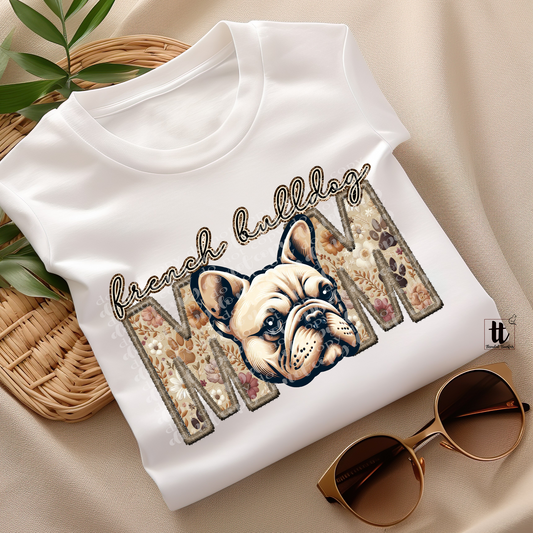 French Bulldog Mom Cream **EXCLUSIVE** Faux Embroidery & Faux Sparkle DTF & Sublimation Transfer