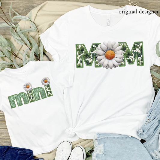 Daisy Mom/Mini (choose from menu) **EXCLUSIVE** Faux Embroidery, Chenille, & Sparkles DTF & Sublimation Transfer
