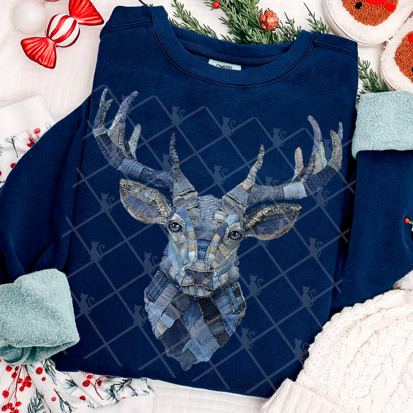 Reindeer Head Denim Patchwork DTF Transfer