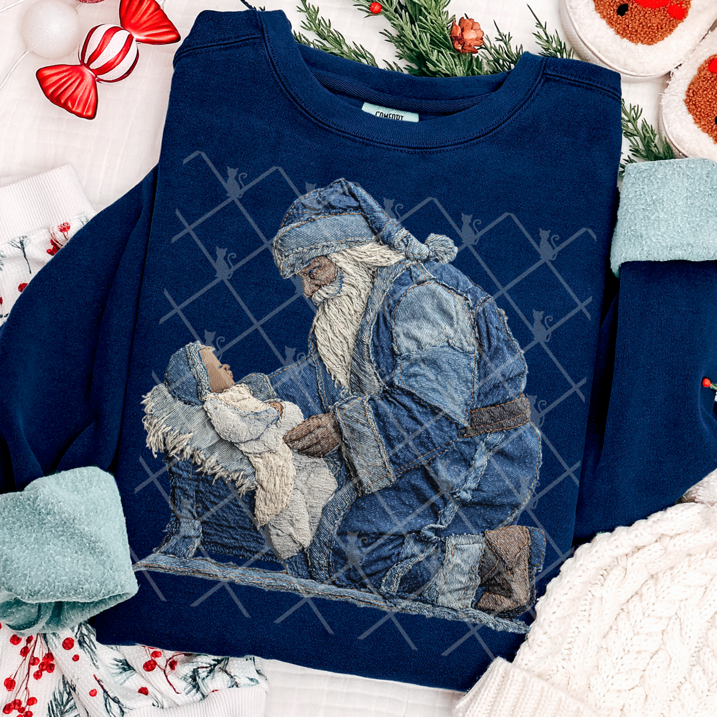Santa & Baby Jesus Denim Patchwork DTF Transfer