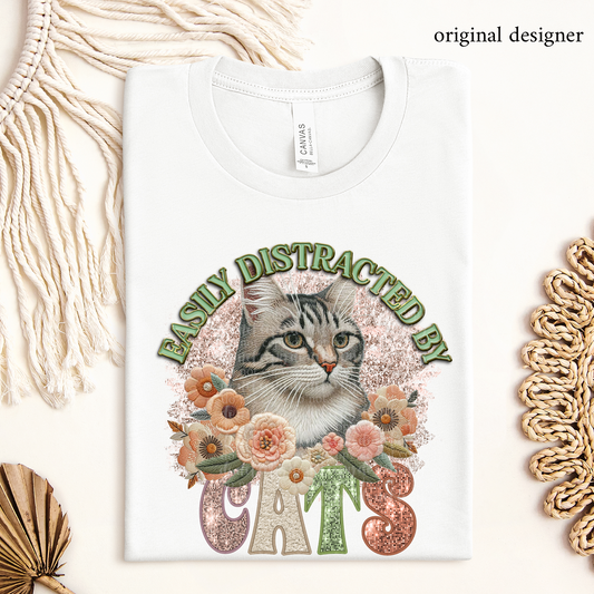 Easily Distracted by Cats- Tabby **EXCLUSIVE** Faux Pin, Embroidery & Sparkle DTF & Sublimation Transfer