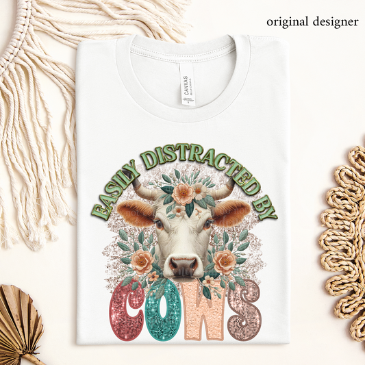 Easily Distracted by Cows **EXCLUSIVE** Faux Pin, Embroidery & Sparkle DTF & Sublimation Transfer