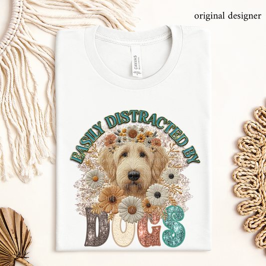 Easily Distracted by Dogs- Golden Doodle **EXCLUSIVE** Faux Pin, Embroidery & Sparkle DTF & Sublimation Transfer