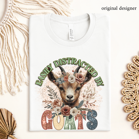 Easily Distracted by Goats **EXCLUSIVE** Faux Pin, Embroidery & Sparkle DTF & Sublimation Transfer