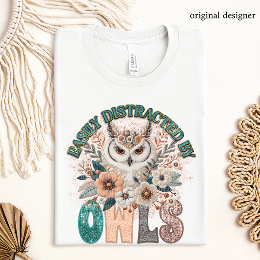 Easily Distracted by Owls **EXCLUSIVE** Faux Pin, Embroidery & Sparkle DTF & Sublimation Transfer