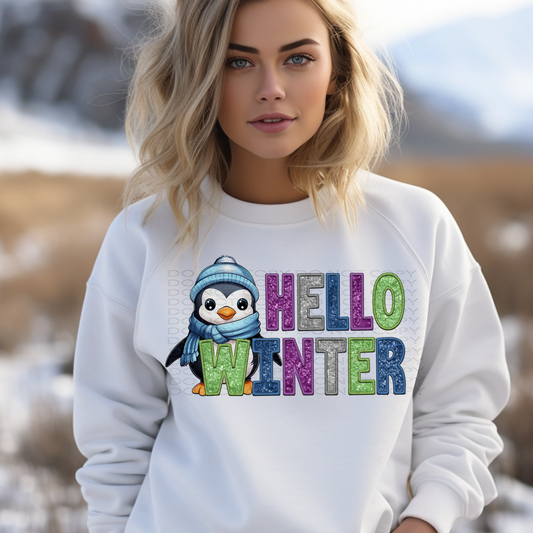 Hello Winter Penguin Faux Embroidery and Sparkles **Exclusive** DTF & Sublimation Transfer