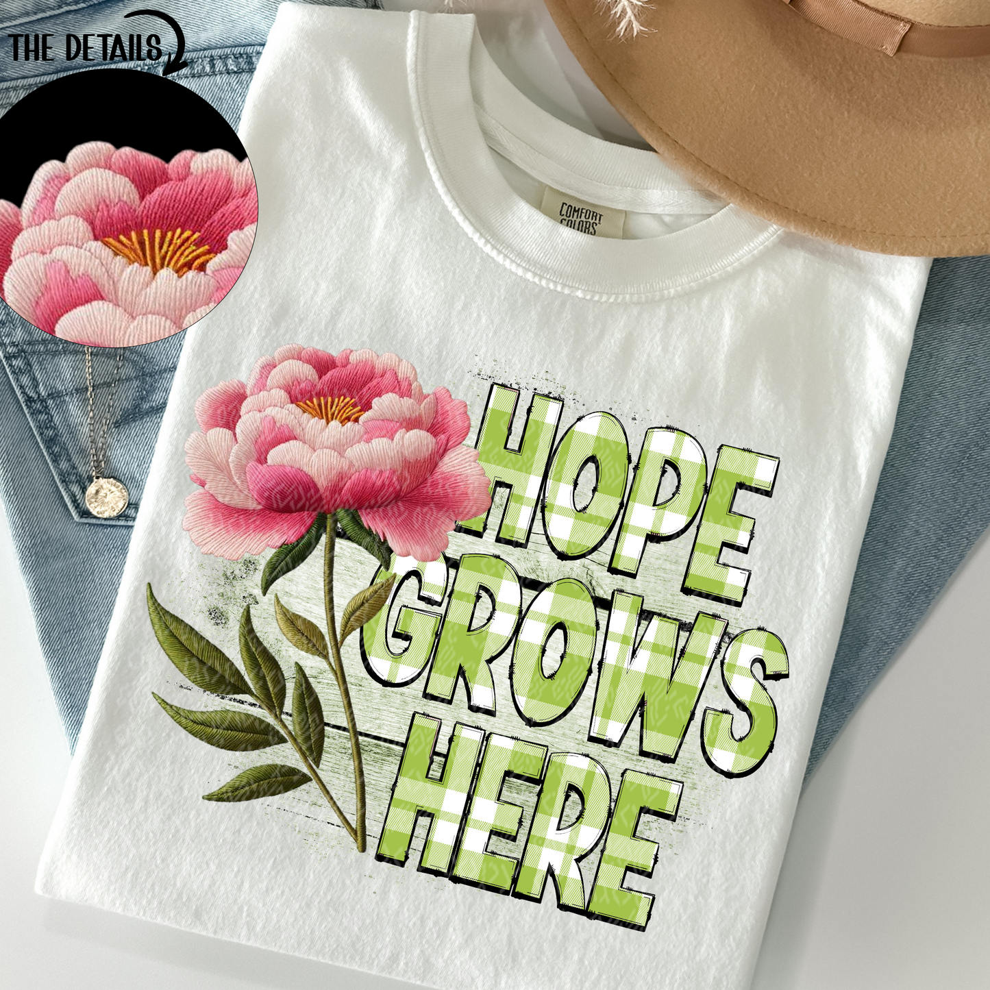 Hope Grows Here Peony Faux Embroidery DTF Transfer