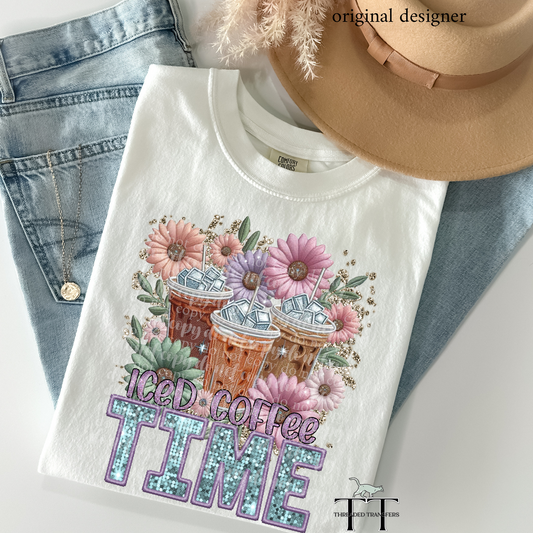 Iced Coffee Time Faux Embroidery DTF & Sparkle **EXCLUSIVE** Sublimation Transfer