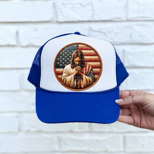 Jesus Prays for USA Faux Leather Hat *EXCLUSIVE* DTF & Sublimation Transfer
