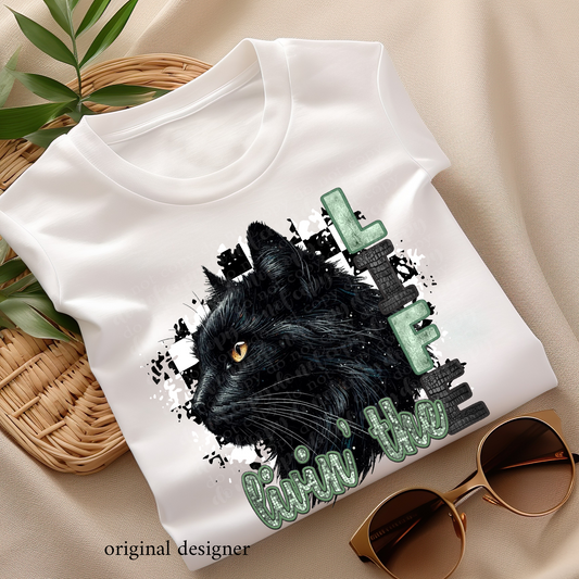 Livin' the Black Cat Life **EXCLUSIVE** Faux Embroidery, Etched Metal, & Sparkle DTF & Sublimation Transfer