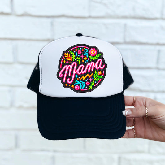 Mama Floral Faux Embroidery Hat Neon/Black Light Reactive Ink DTF Transfer