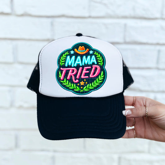 Mama Tried Embroidery Hat Neon/Black Light Reactive Ink DTF Transfer