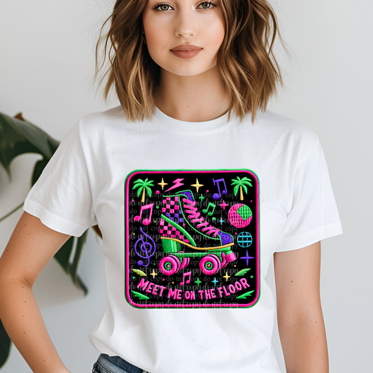 Meet Me on the Floor Faux Embroidery Neon/Black Light Reactive Ink DTF Transfer
