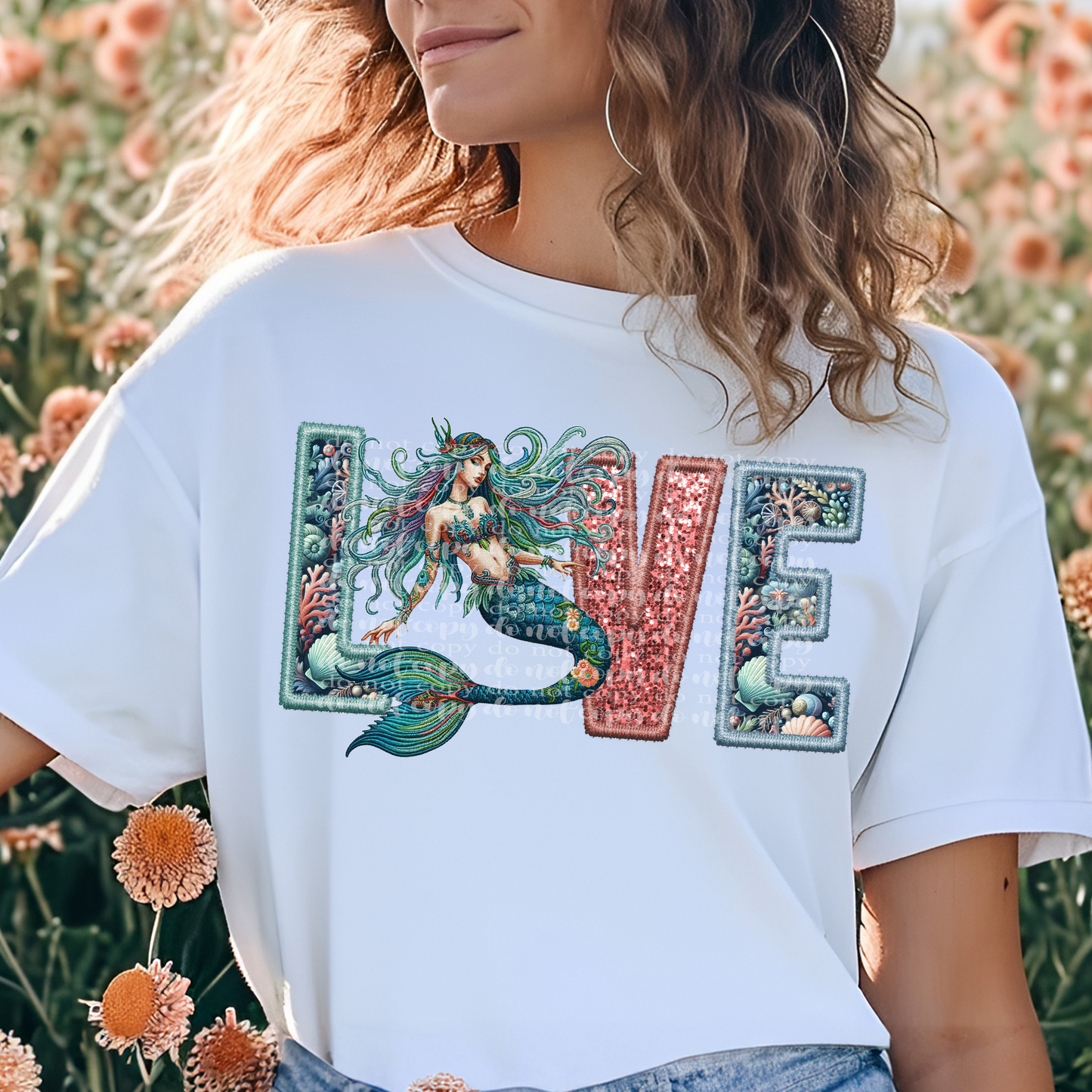 Mermaid Love Faux Embroidery & Faux Sparkle DTF Transfer