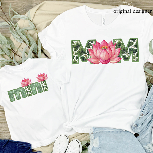 Pink Lotus Mom/Mini (choose from menu) **EXCLUSIVE** Faux Embroidery, Chenille, & Sparkles DTF & Sublimation Transfer
