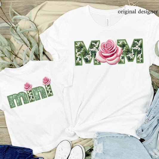 Pink Rose Mom/Mini (choose from menu) **EXCLUSIVE** Faux Embroidery, Chenille, & Sparkles DTF & Sublimation Transfer